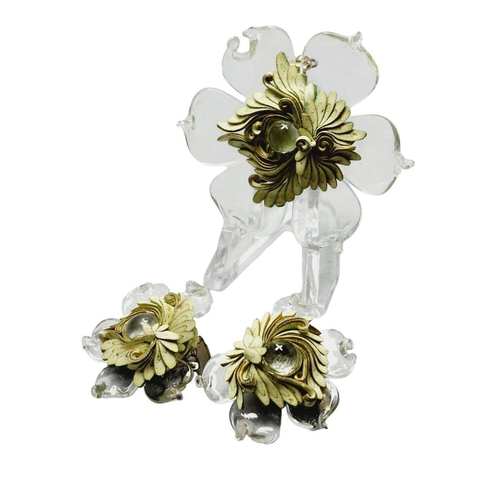 Vintage Rare Glass Flower Brooch & Earrings Set (A1390)
